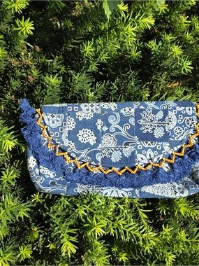 Boho Blue Bandana Print Tassel Clutch